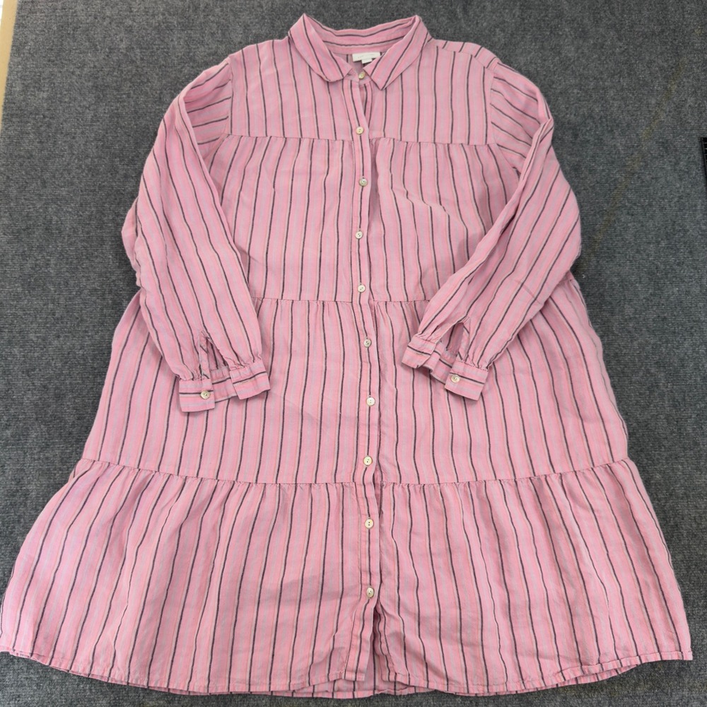 J.Jill Love Linen Tiered Striped Button Front Shirt Dress Pink Size 2X